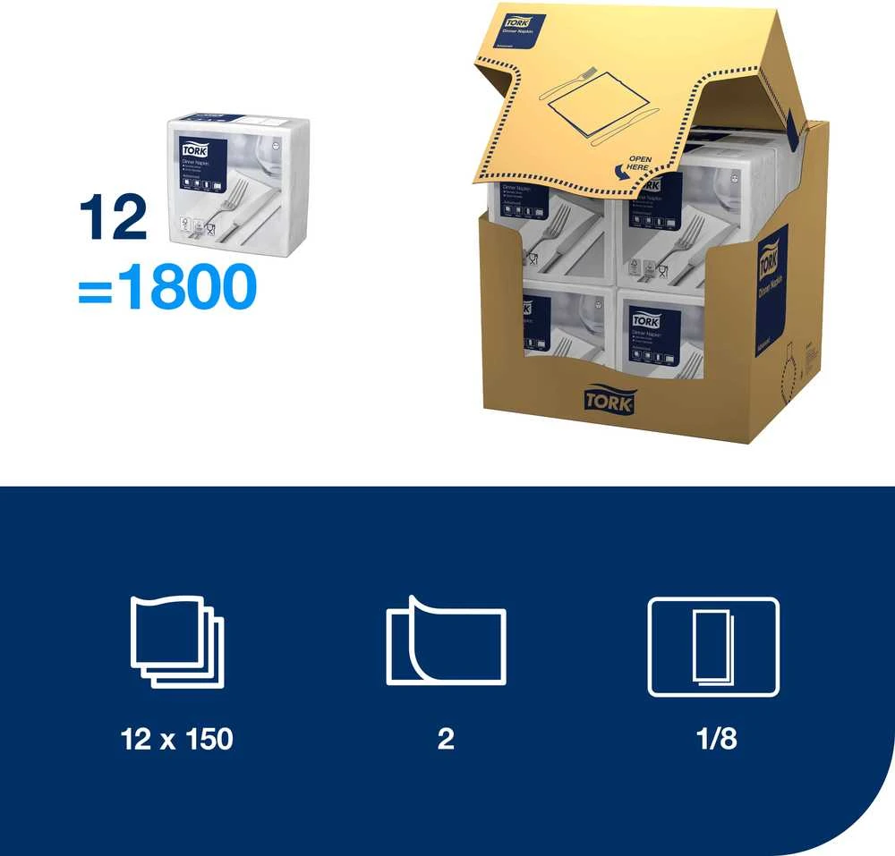 Servetėlės Tork (477554), vakarienės, 2 sluoksniai, 150vnt., baltos spalvos