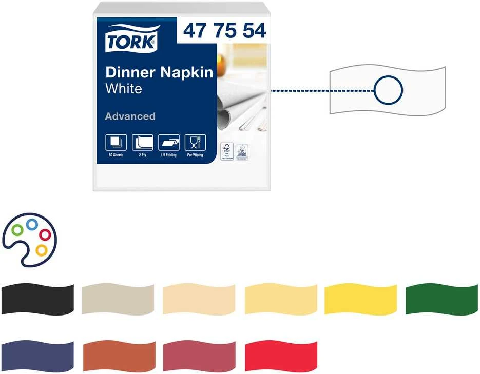Servetėlės Tork (477554), vakarienės, 2 sluoksniai, 150vnt., baltos spalvos