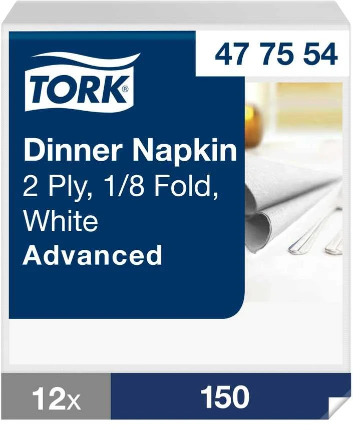 Servetėlės Tork (477554), vakarienės, 2 sluoksniai, 150vnt., baltos spalvos