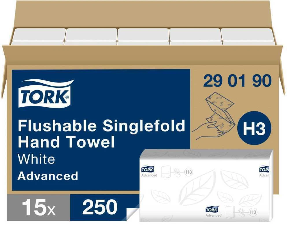 Servetėlės Tork Flushable Singlefold Advanced H3 (290190), 2 sluoksniai, baltos spalvos, 250 lapelių
