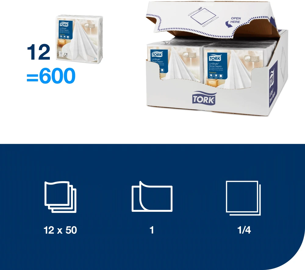 Servetėlės TORK Linstyle, 1 sl., 50 vnt., 39 x 39 cm, baltos spalvos