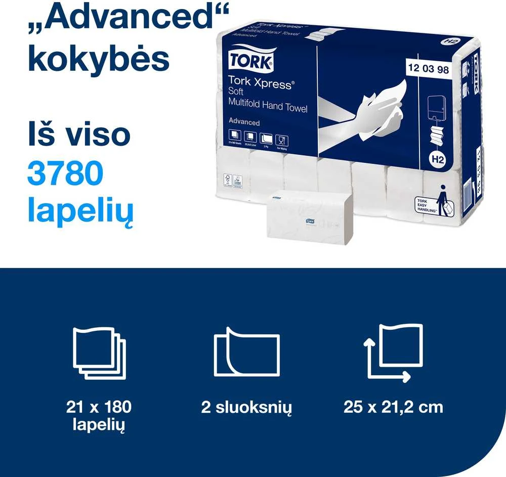 Servetėlės Tork Multifold Advanced Soft H2 (120398), 2 sluoksniai, baltos spalvos, 180 lapelių