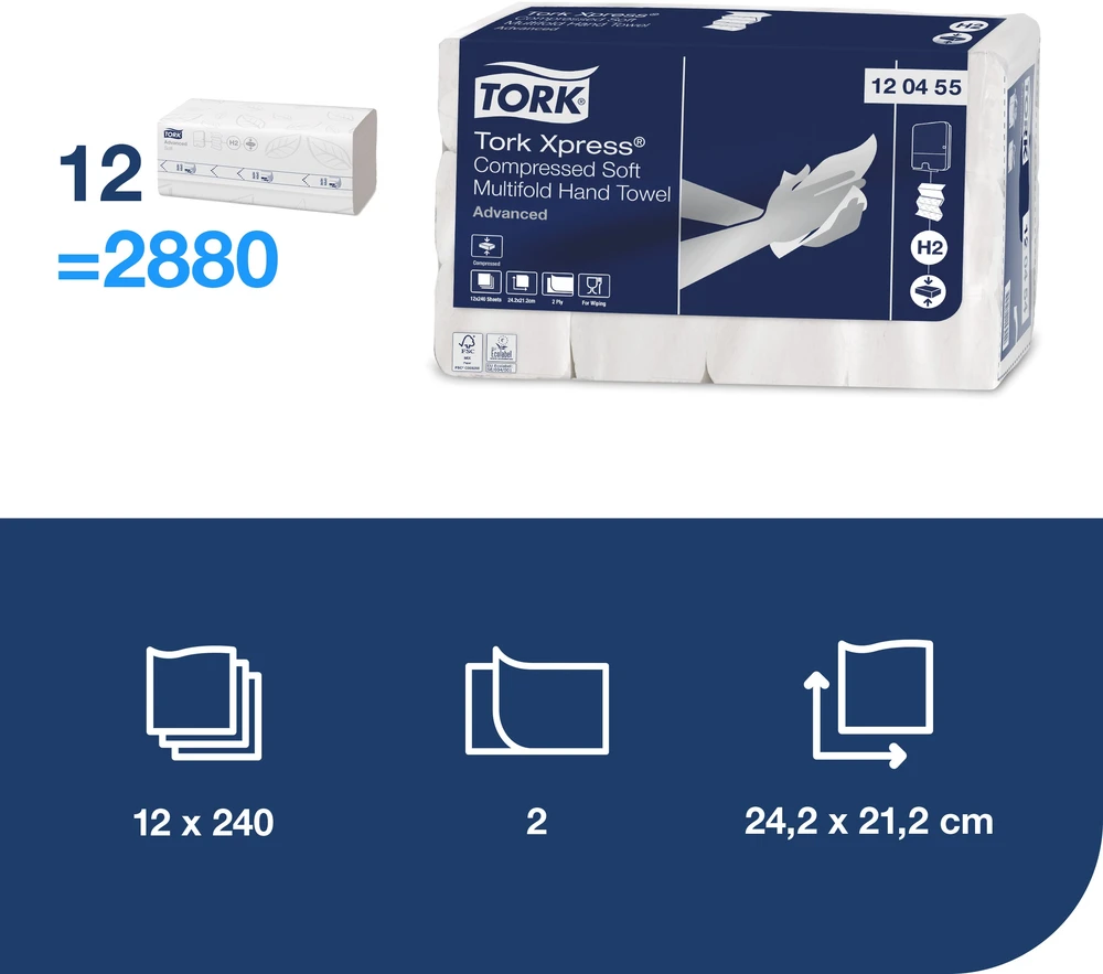 Servetėlės Tork Multifold Advanced Soft H2 (120455), suspaustos, 2 sluoksniai, baltos spalvos, 240 lapelių