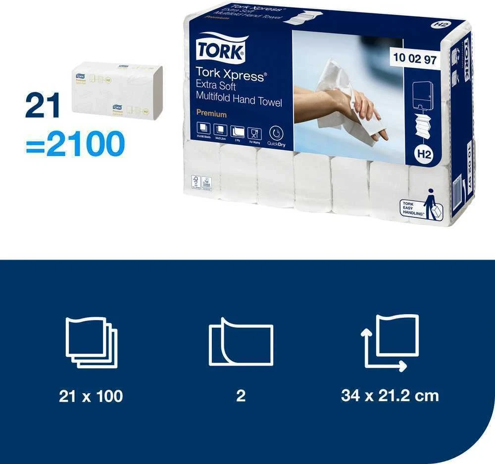 Servetėlės Tork Multifold Premium Extra Soft H2 (100297), 2 sluoksniai, baltos spalvos, 100 lapelių