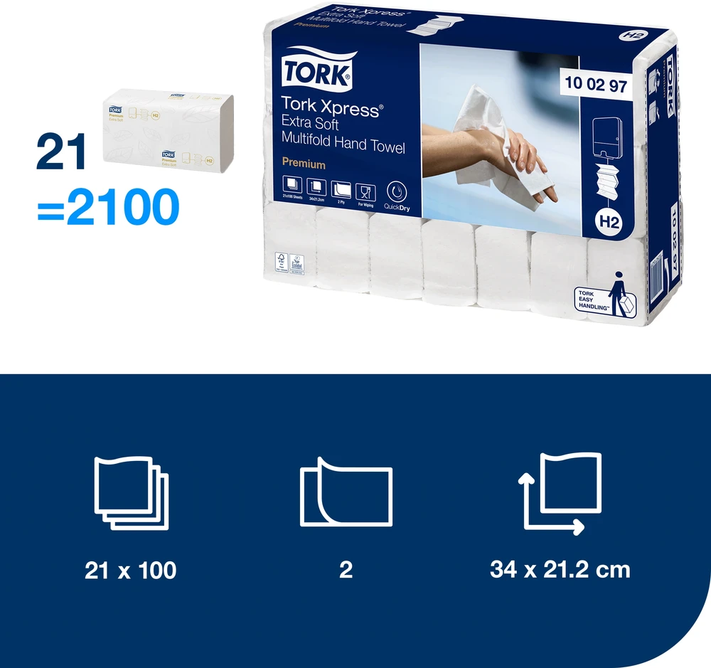 Servetėlės Tork Multifold Premium Extra Soft H2 (100297), 2 sluoksniai, baltos spalvos, 100 lapelių