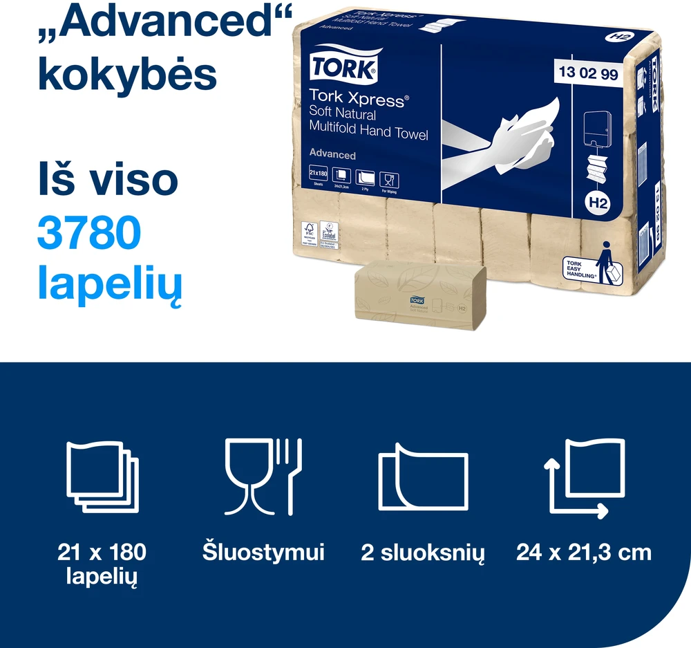 Essity Denmark As Servetėlės Tork Xpress Advanced (130299) 2 sluoksniai, natūralios spalvos, 180 lapelių