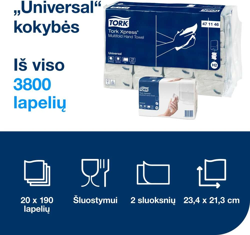 Servetėlės Tork Xpress Multifold Universal H2 (471146), 2 sluoksniai, 190vnt., baltos spalvos (EKO)