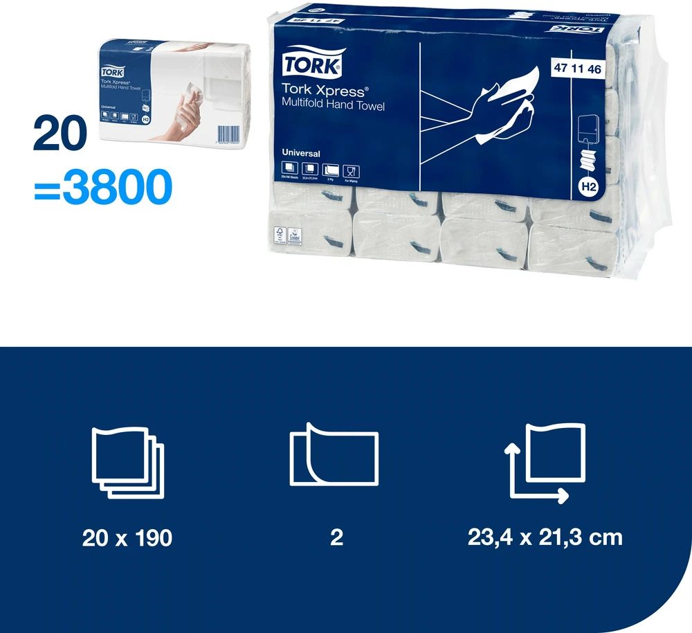 Servetėlės Tork Xpress Multifold Universal H2 (471146), 2 sluoksniai, 190vnt., baltos spalvos (EKO)