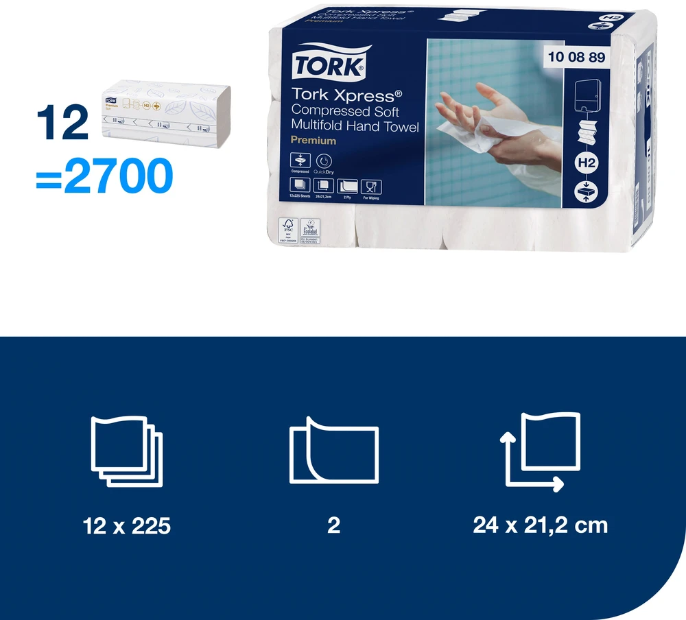 Tork Xpress Soft Multifold suspausti minkšti popieriniai rankšluosčiai, H2 100889, 2 sl., 225 serv., 22,2x24 cm, balta sp.
