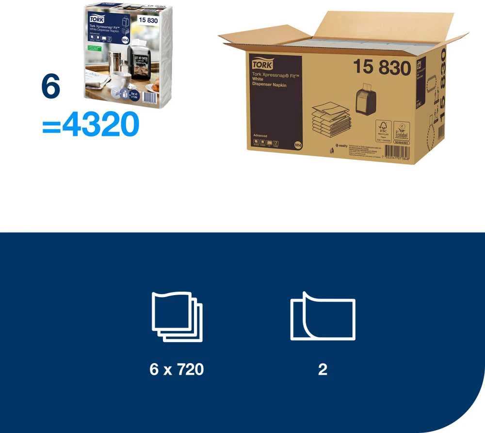 Servetėlės Tork Xpressnap Fit, N14 (15830), 2 sluoksnių, baltos spalvos, 6 pak