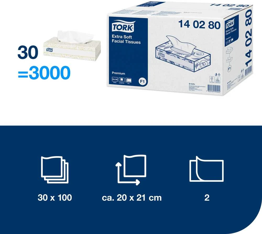 Servetėlės veidui Tork Premium Facial F1 (140280), 2 sluoksniai, baltos spalvos, 100 vnt, dėžutėje