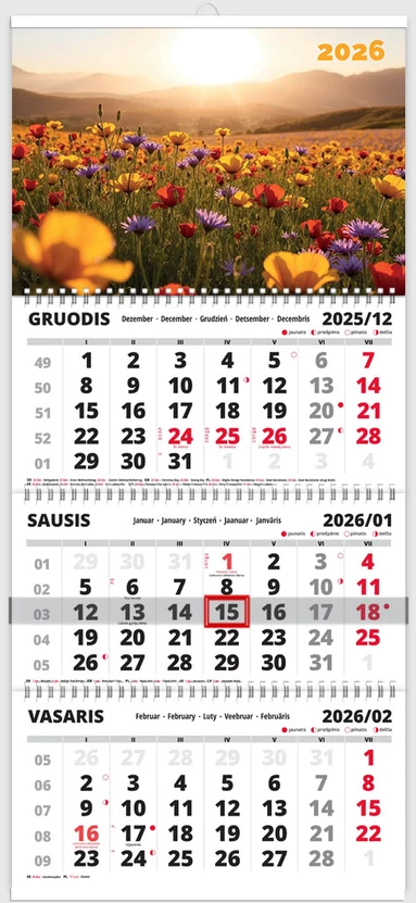 Pakabinamas kalendorius Triple Gėlės 3 mėnesių 3 spiralių, 2026 m.