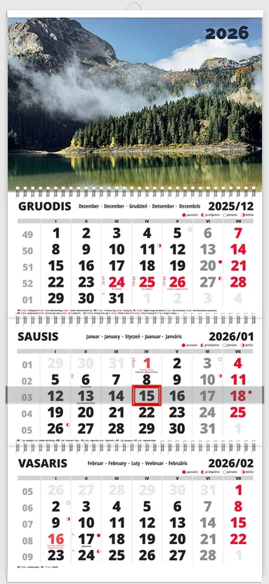 Pakabinamas kalendorius Triple Kalnai 3 mėnesių 3 spiralių, 2026 m.