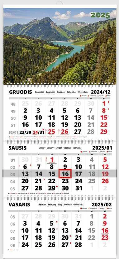 Pakabinamas kalendorius Triple Kalnai 3 mėnesių 3 spiralių, 2026 m.