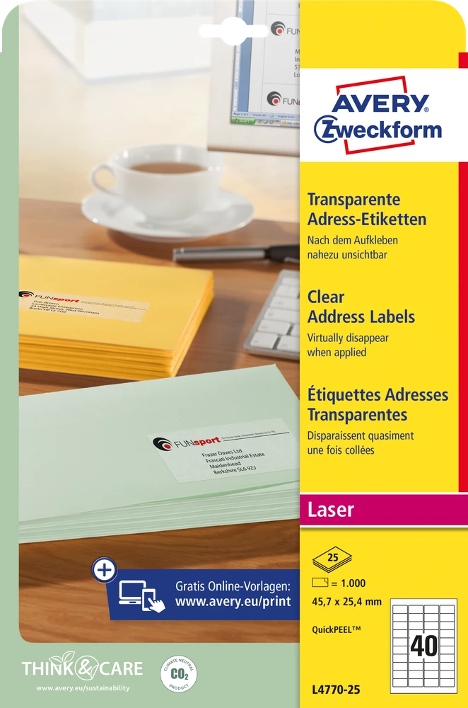Skaidrios lipnios etiketės Avery Zweckform, A4, 45,7×25,4mm, 40 etikečių lape, 25 lapai