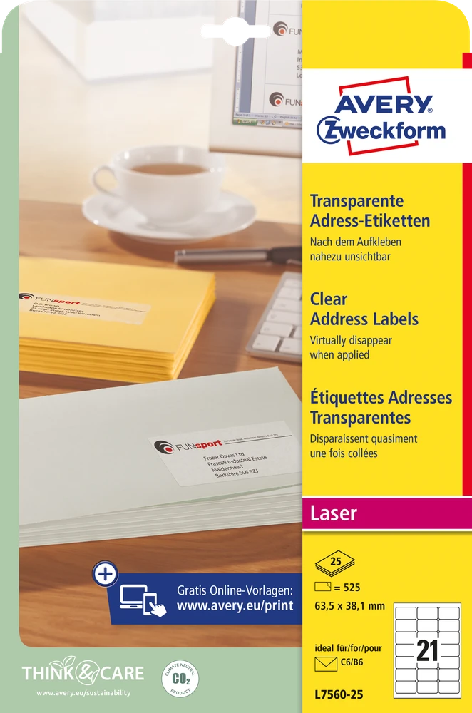 Skaidrios lipnios etiketės Avery Zweckform, A4, 63,5×38,1mm, 21 etiketės lape, 25 lapai