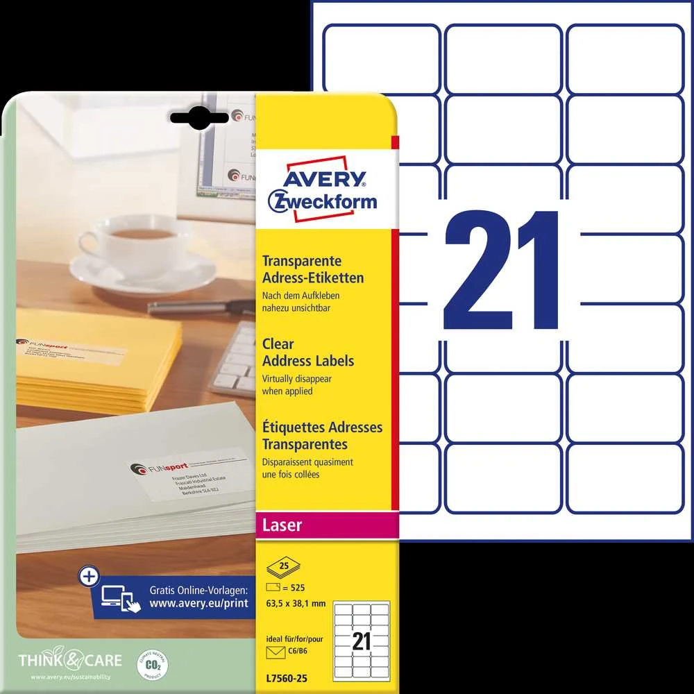 Skaidrios lipnios etiketės Avery Zweckform, A4, 63,5×38,1mm, 21 etiketės lape, 25 lapai
