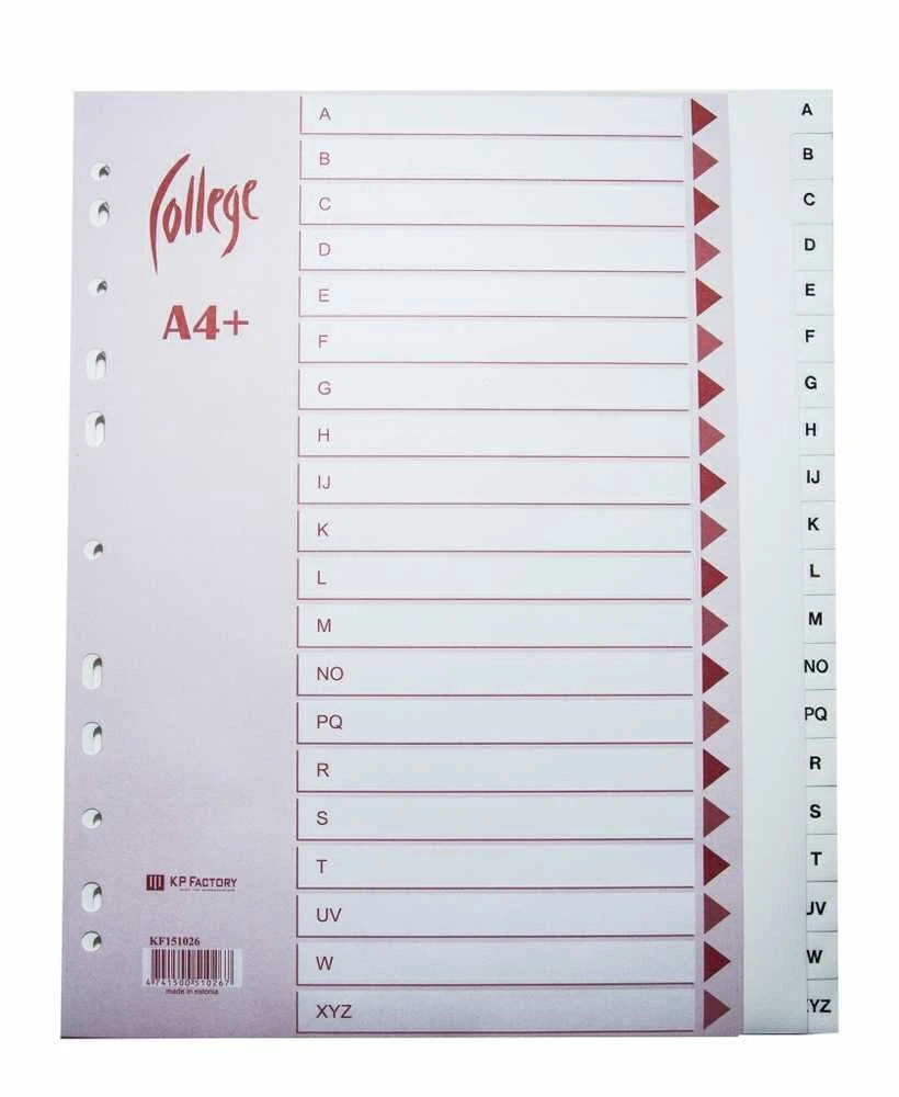 Skiriamieji lapai College, A4+, A-Z, plastikiniai, baltos spalvos