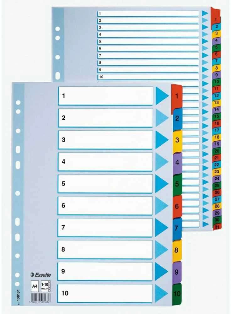 Skiriamieji lapai Esselte Mylar, A4, 1-10 skaičiai, spalvotii