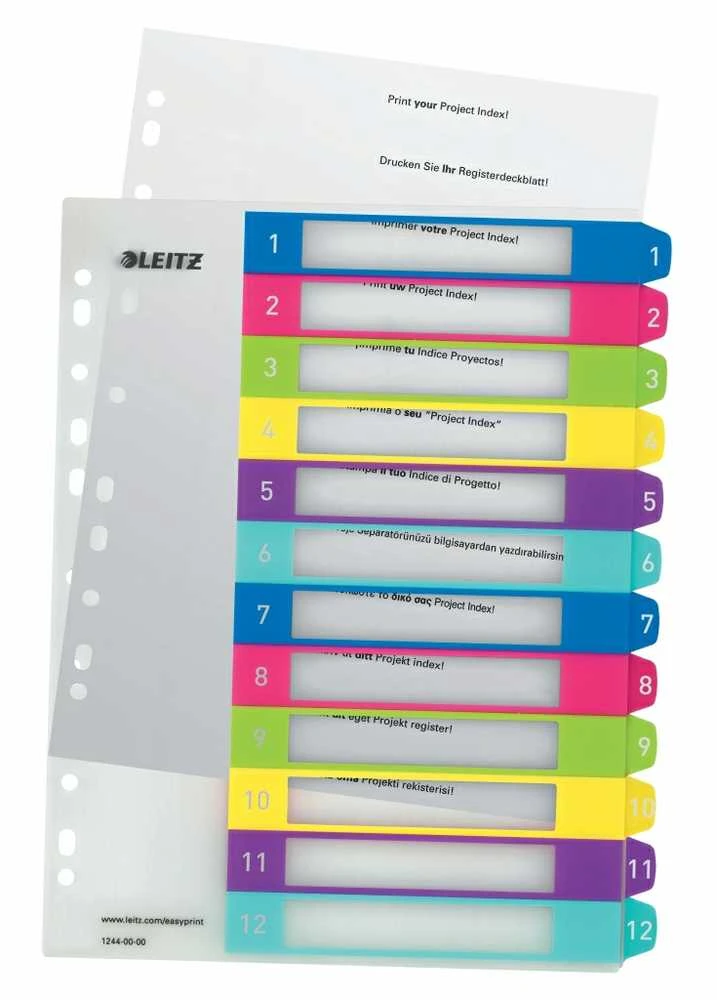 Skiriamieji lapai Leitz WOW Print, A4+, 1-12, plastikiniai, įvairių spalvų