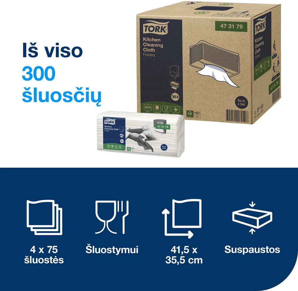 Šluostės Tork, virtuvinė valomoji W4 (473179), 1 sluoksnis, baltos spalvos, 80 vnt.