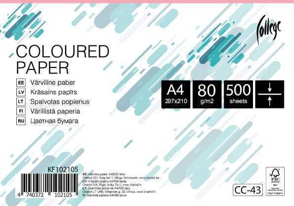 Spalvotas biuro popierius College A4, 80g, rožinės spalvos, 500 lapų