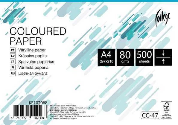 Spalvotas biuro popierius College A4, 80g, ežero mėlynos spalvos, 500 lapų