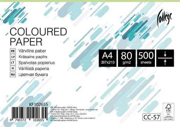 Spalvotas biuro popierius College A4, 80g, šviesiai žalios spalvos, 500 lapų