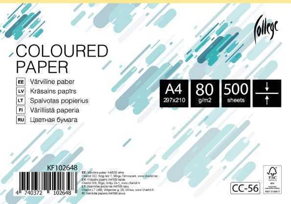 Spalvotas biuro popierius College A4, 80g, šviesiai geltonos spalvos, 500 lapų