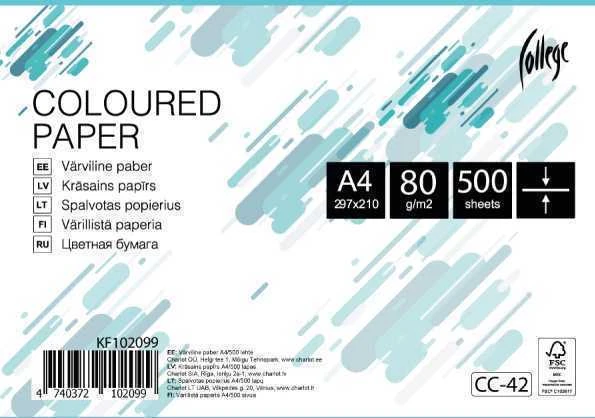 Spalvotas biuro popierius College A4, 80g, šviesiai mėlynos spalvos, 500 lapų