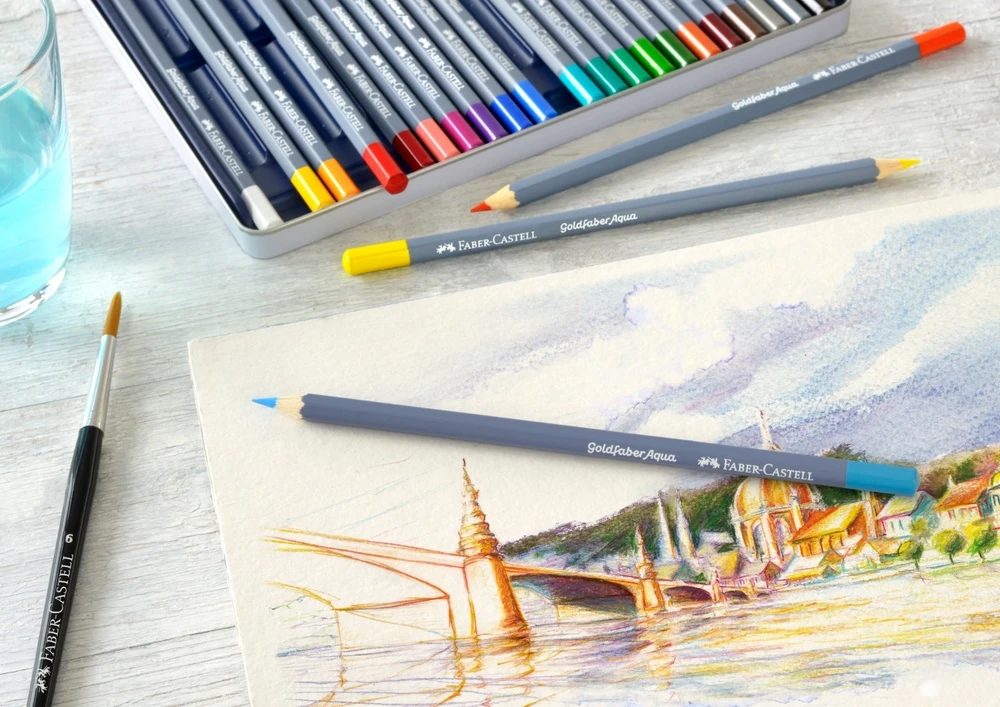 Spalvoti akvareliniai pieštukai Faber-Castell Goldfaber Aqua Creative Studio, 12 spalvų, metalinėje dėžutėje