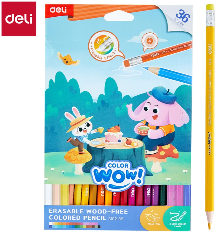 Spalvoti pieštukai DELI Wood-free, su trintukais, 36 spalvų