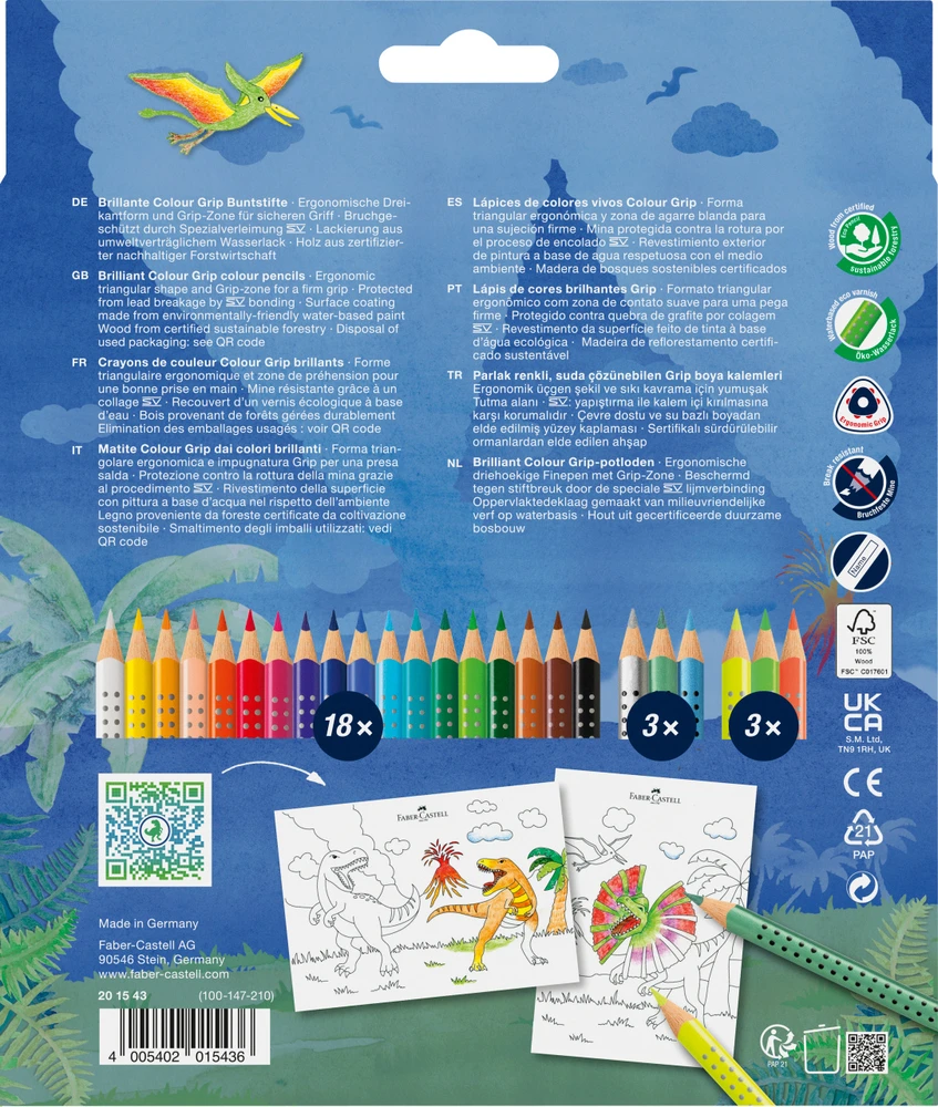 Spalvoti pieštukai Faber-Castell Colour Grip Dinozaurai, 18 + 3 neoninės ir 3 metalo spalvos