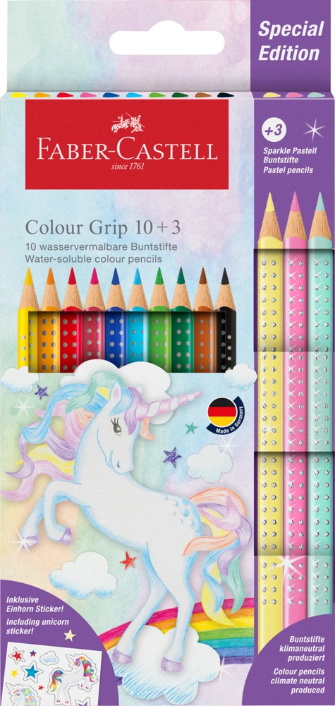 Spalvoti pieštukai Faber-Castell Colour Grip Unicorn 10 +3 sparkle pastell spalvos