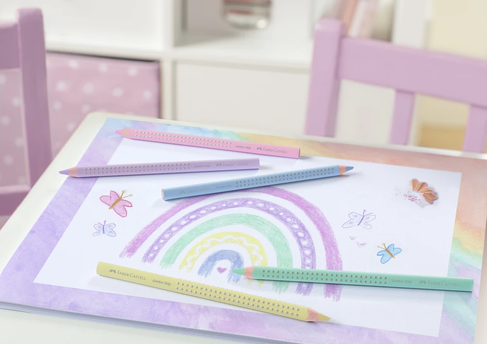 Spalvoti pieštukai „Faber-Castell Jumbo Grip” pasteliniai 5 spalvų