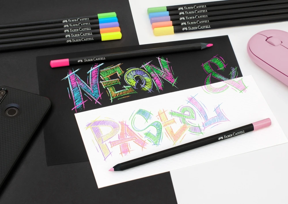 Spalvoti pieštukai Faber-Castell Juodas Edition, 12 neoninių ir pastelinių spalvų