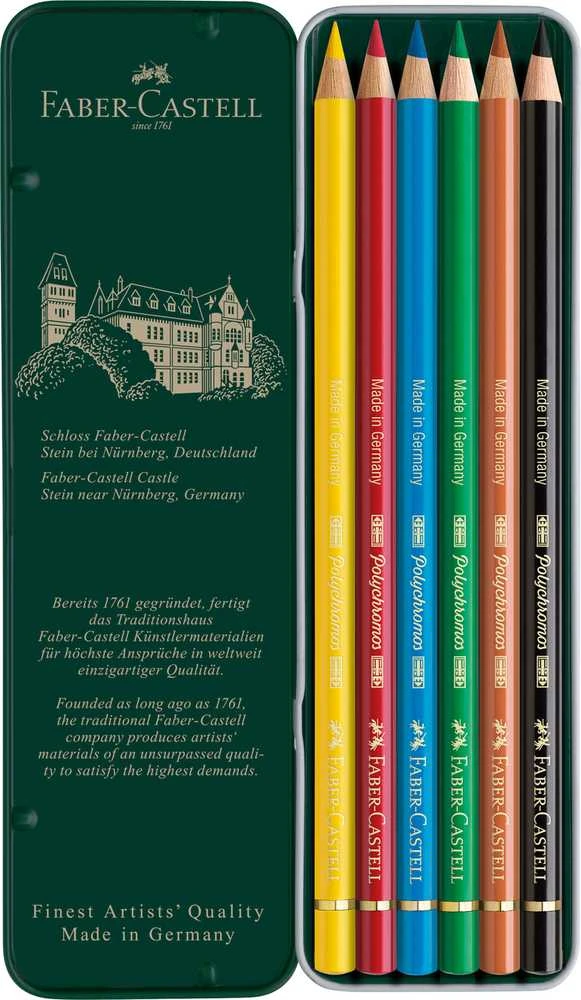 Spalvoti pieštukai Faber-Castell Polychromos, 6 spalvos, metalinėje dėžutėje