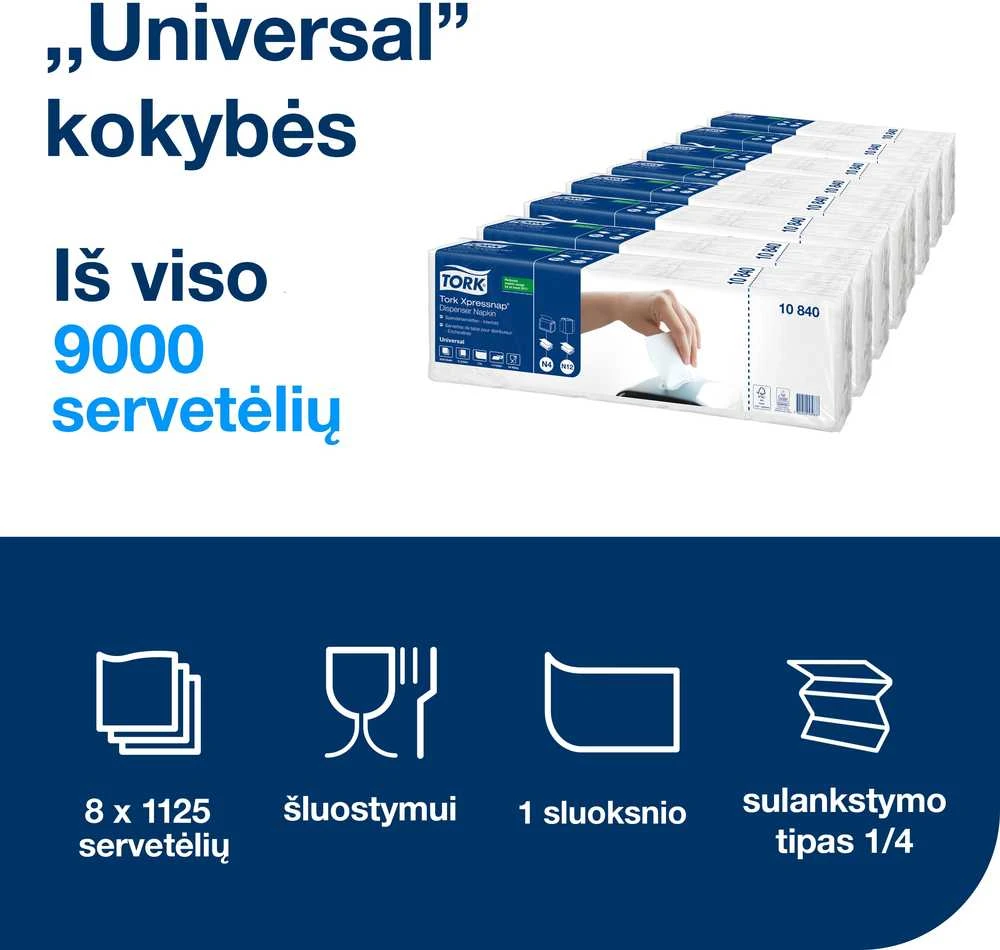 Stalo servetėlės Tork Universal N4 (10840), 1 sluoksnis, baltos spalvos, 225 vnt, (įpak,5vnt)