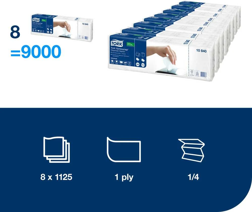 Stalo servetėlės Tork Universal N4 (10840), 1 sluoksnis, baltos spalvos, 225 vnt, (įpak,5vnt)