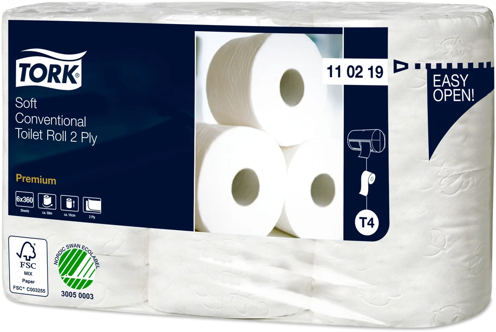Tualetinis popierius rulonėliais Tork Premium Soft T4, (110219), baltos spalvos, 2 sluoksniai, 50.4 m, 360 lapeliai