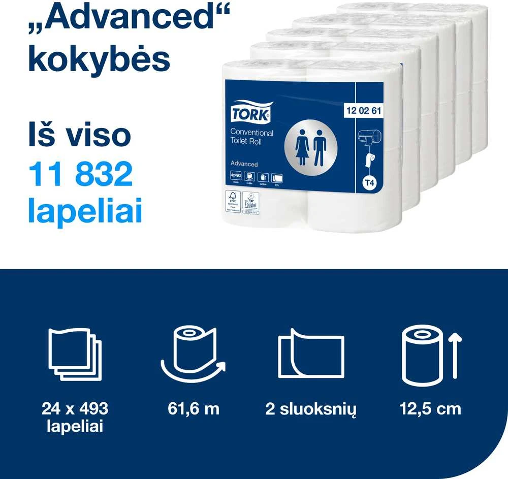 Tualetinis popierius Tork Advanced Extra Long T4, 120261, 2 sluoksniai, 69,4m, 496 lapeliai, baltos spalvos, 4vnt