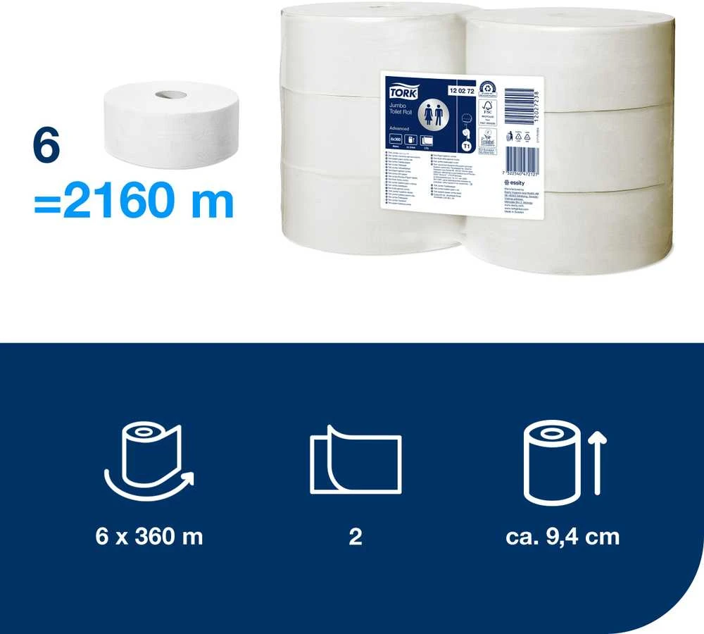 Nezatříděno Tualetinis popierius Tork Advanced Jumbo T1, 120272, 2 sluoksniai, 360m, 1800 lapelių, baltos spalvos, 1vnt