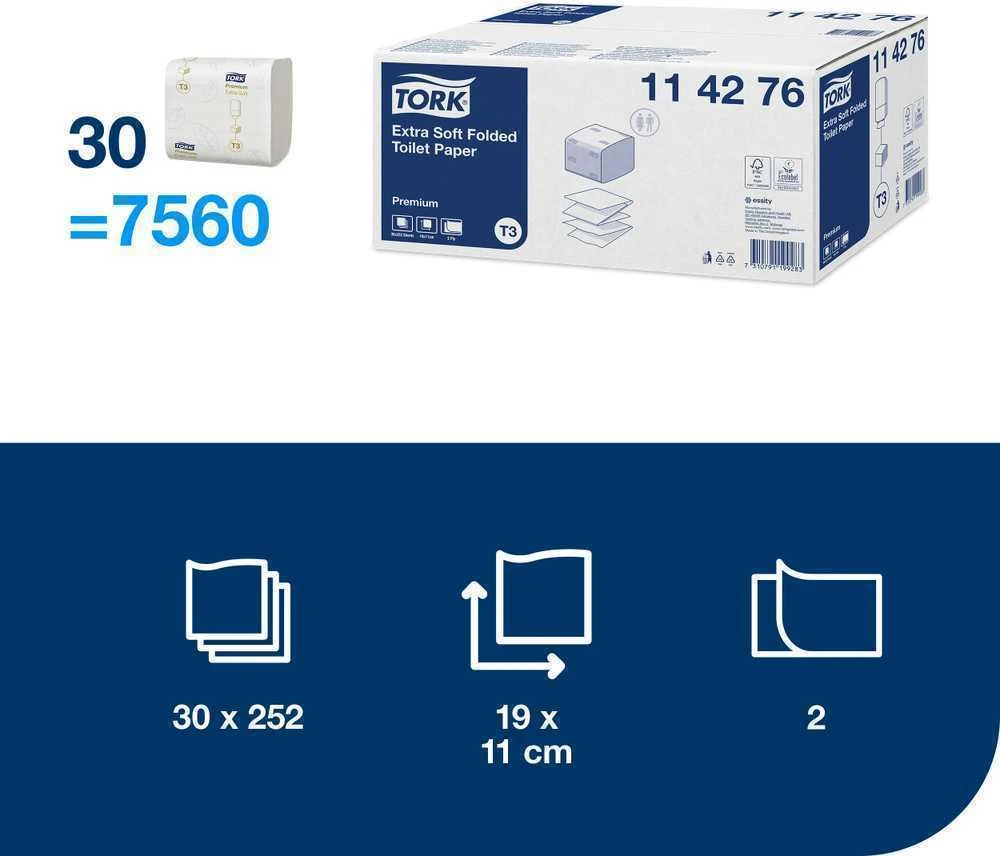 Tualetinis popierius Tork Extra Soft Folded T3, 114276, 2 sluoksniai, 252 lapeliai, baltos spalvos, 1vnt