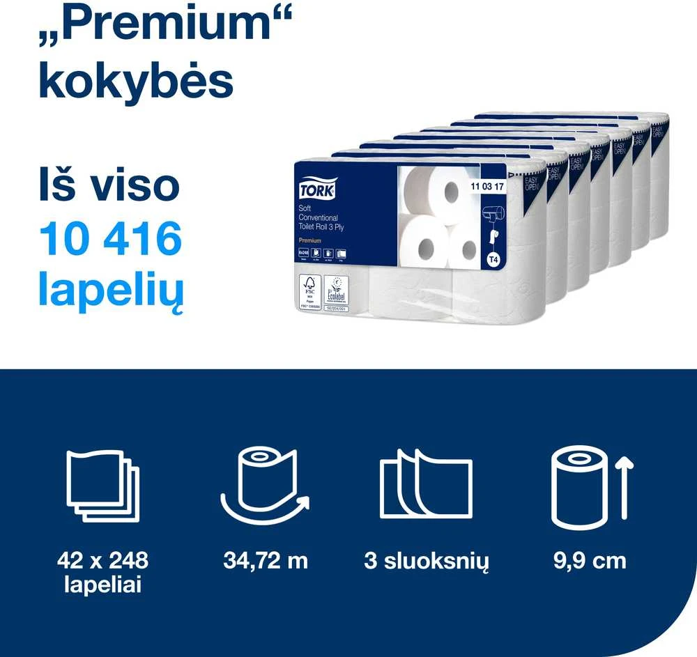 Tualetinis popierius Tork Premium Soft T4 (110317), baltas, 3 sluoksnių, 35 m, 248 lapeliai, 6 rulonai