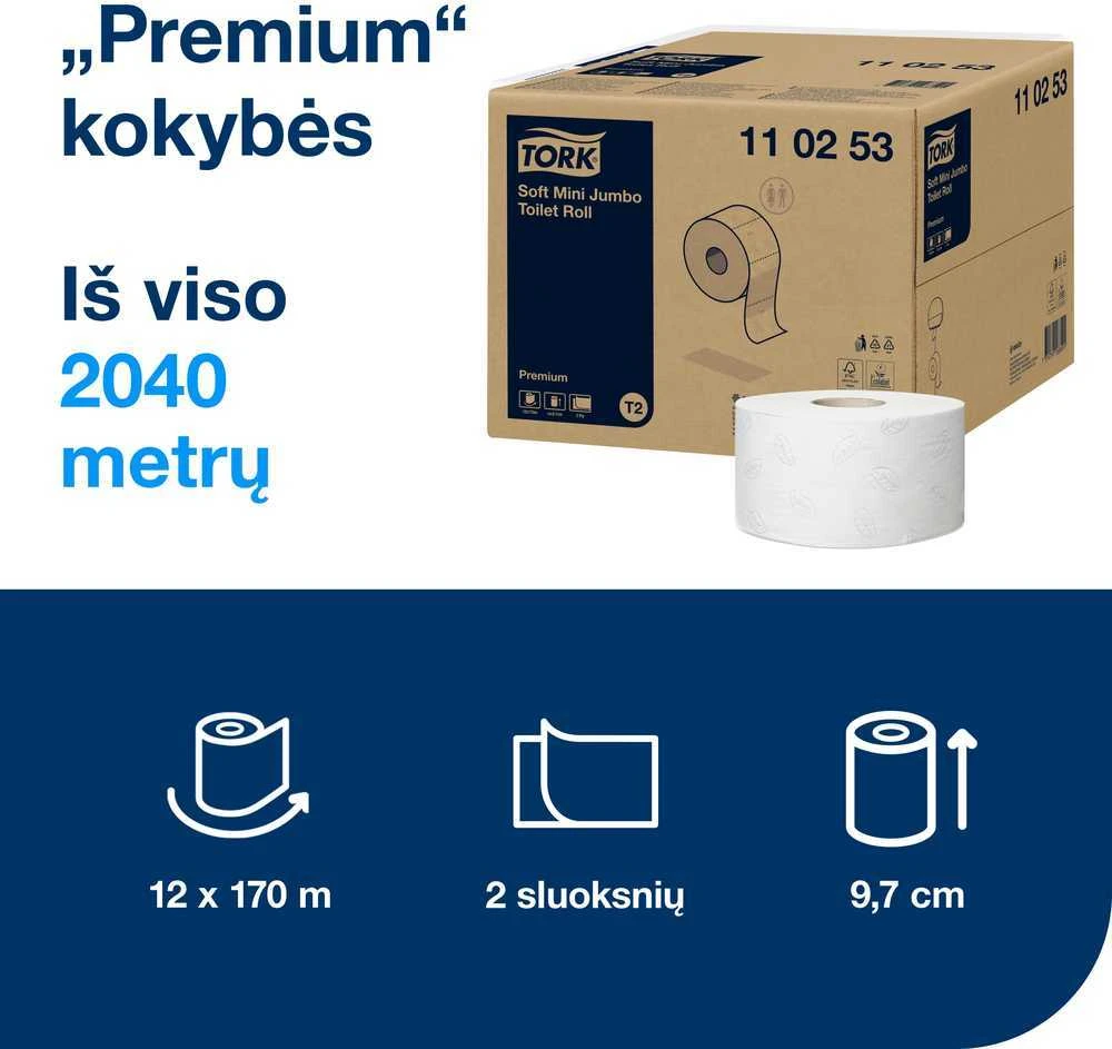Tualetinis popierius Tork Premium Soft Jumbo Mini T2 (110253), baltos spalvos, 2 sluoksniai, 170 m, 1214 lapelių