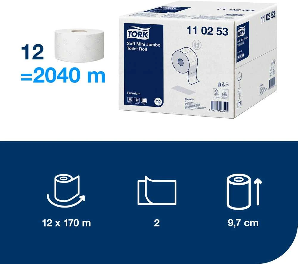 Tualetinis popierius Tork Premium Soft Jumbo Mini T2 (110253), baltos spalvos, 2 sluoksniai, 170 m, 1214 lapelių