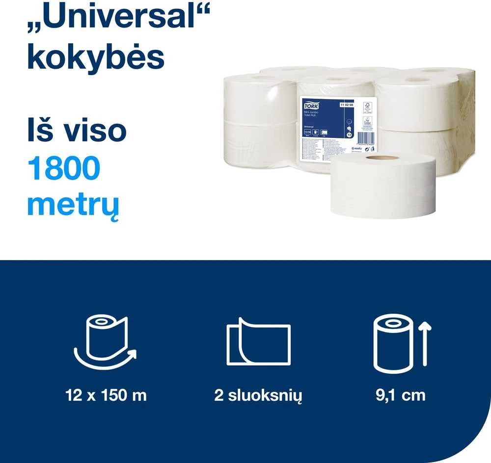 Tualetinis popierius Tork Universal Jumbo Mini T2, baltos spalvos, 110298, 2 sluoksniai, 150 m