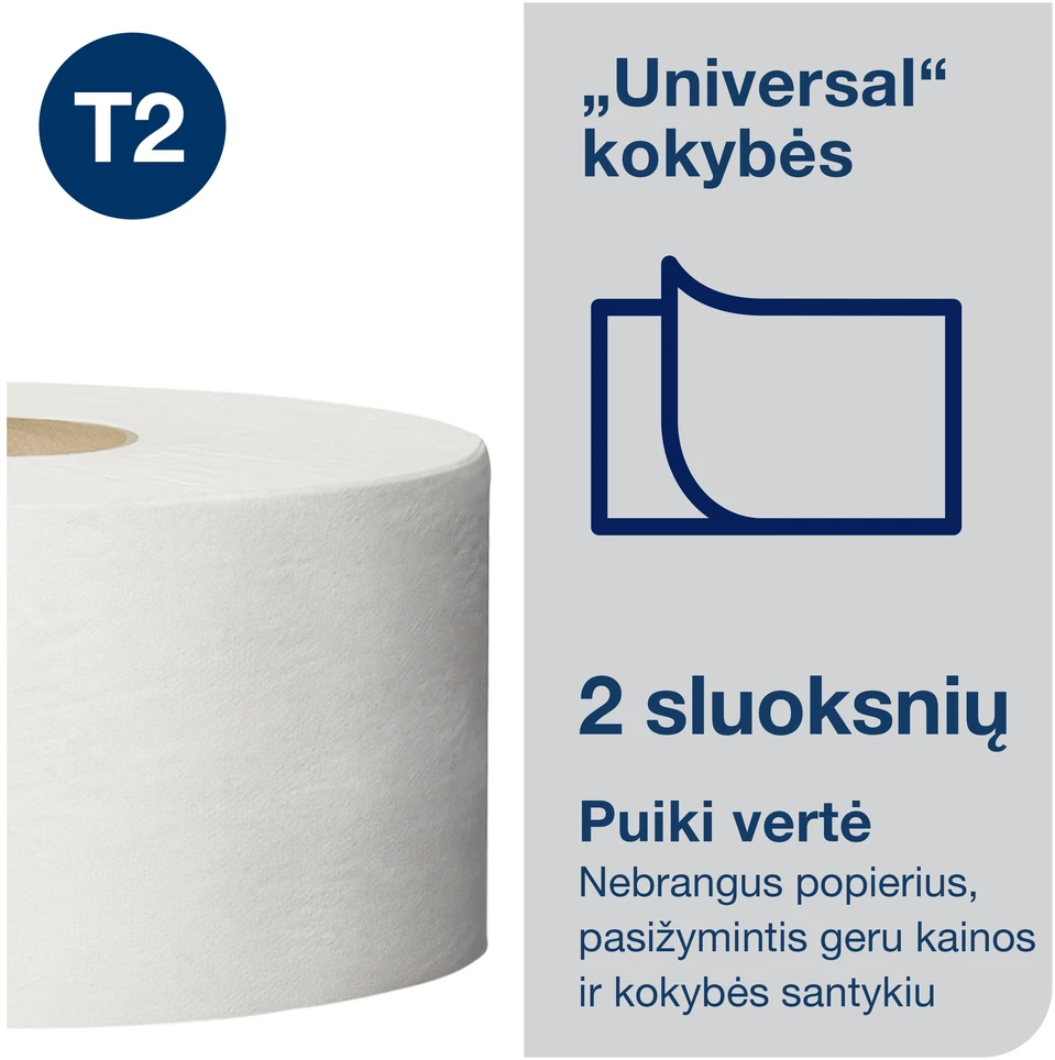 Tualetinis popierius Tork Universal Jumbo Mini T2, baltos spalvos, 110298, 2 sluoksniai, 150 m
