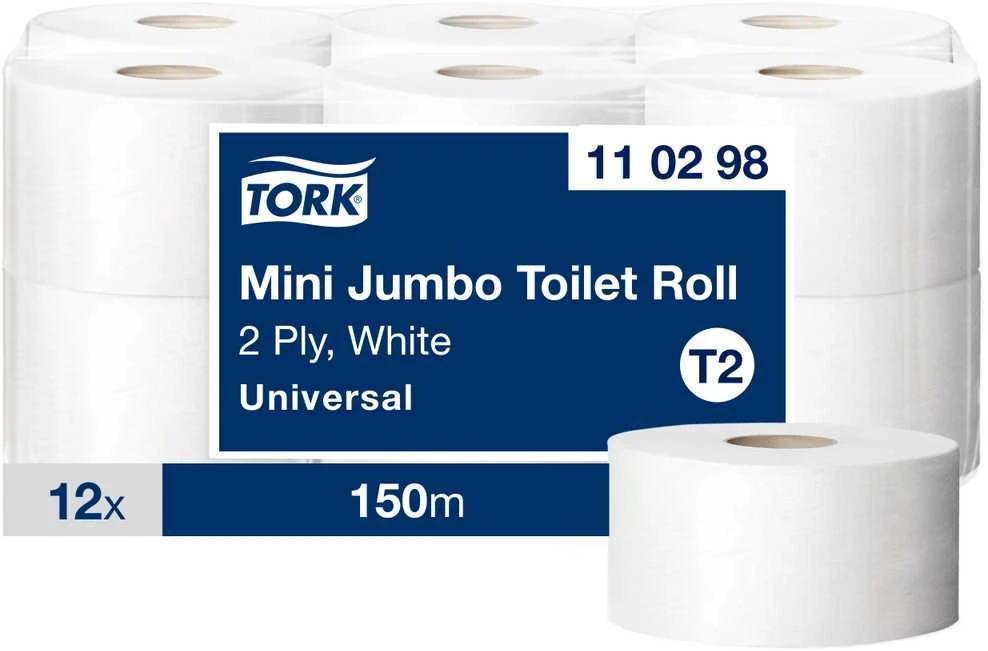 Tualetinis popierius Tork Universal Jumbo Mini T2, baltos spalvos, 110298, 2 sluoksniai, 150 m