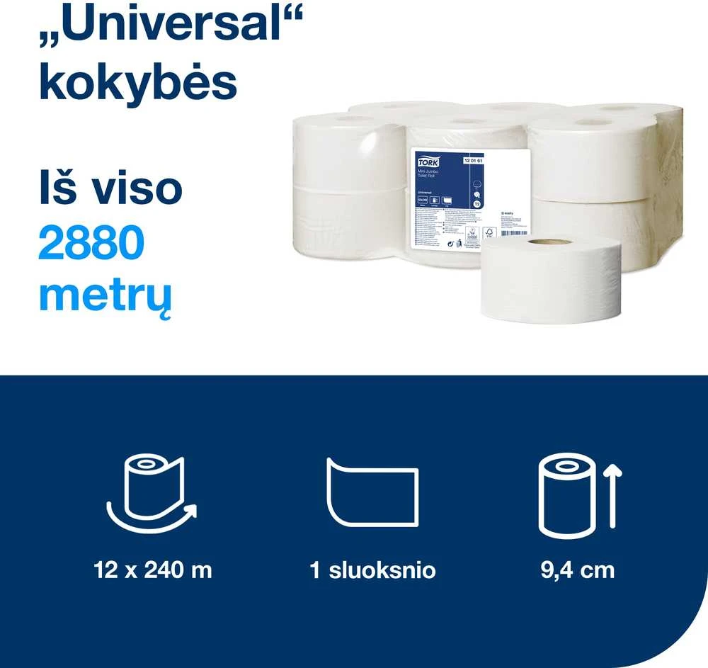 Tualetinis popierius Tork Universal Jumbo Mini T2 (120161), pilkos spalvos, 1 sluoksnis, 240 m, 1200 lapelių